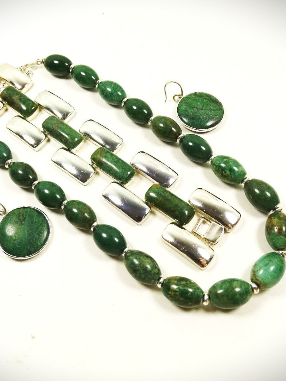 LAUREN CONRAD Silver Plated Metal Green Jasper Necklace Bracelet Earrings Set